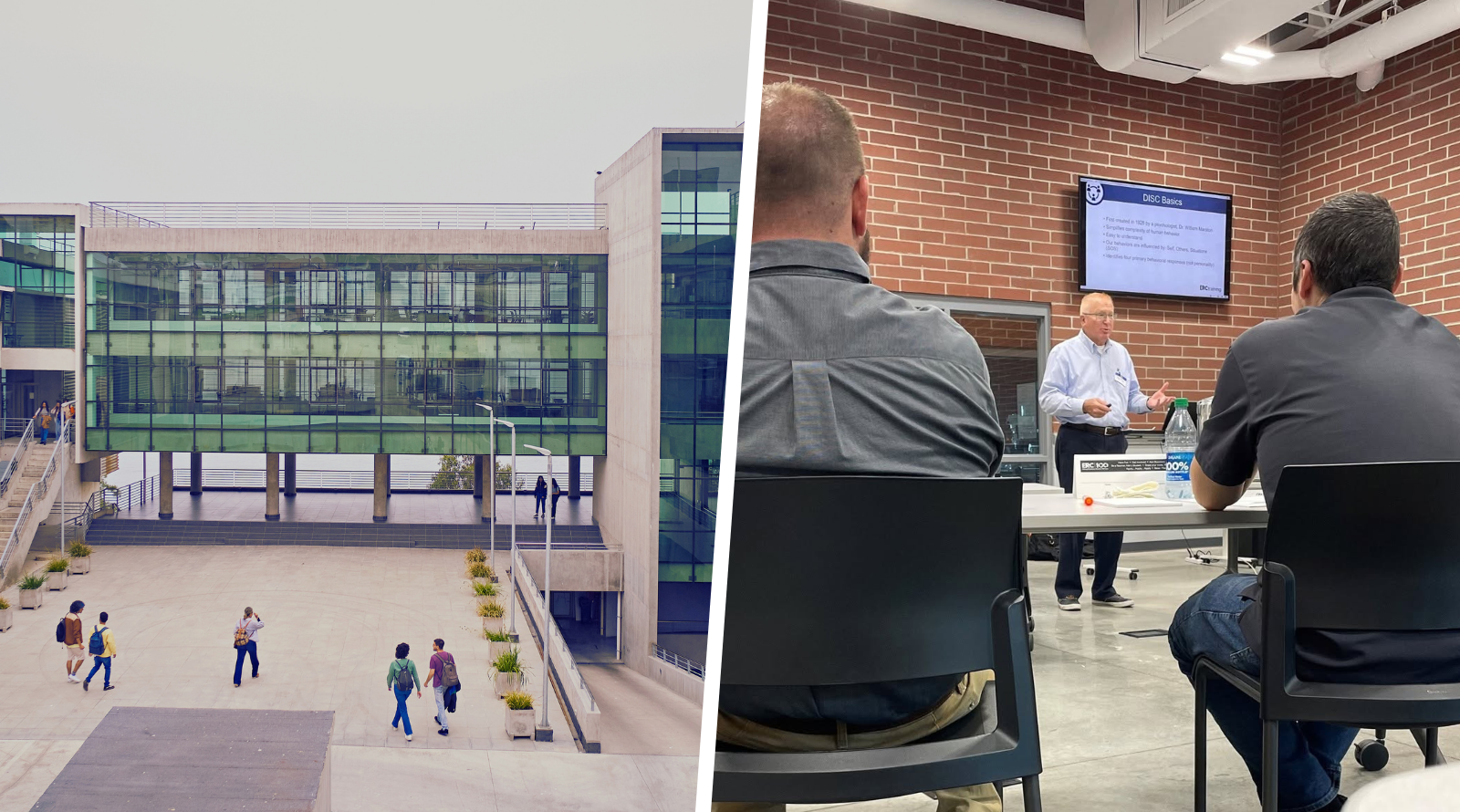 A college campus and an employee training session